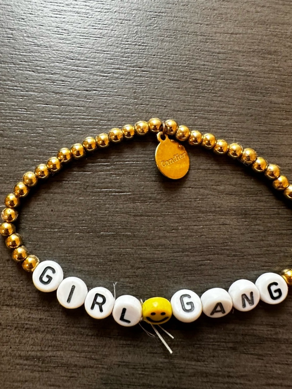 Gold Beaded 'GIRL GANG' Necklace with Yellow Smile Bead Candier